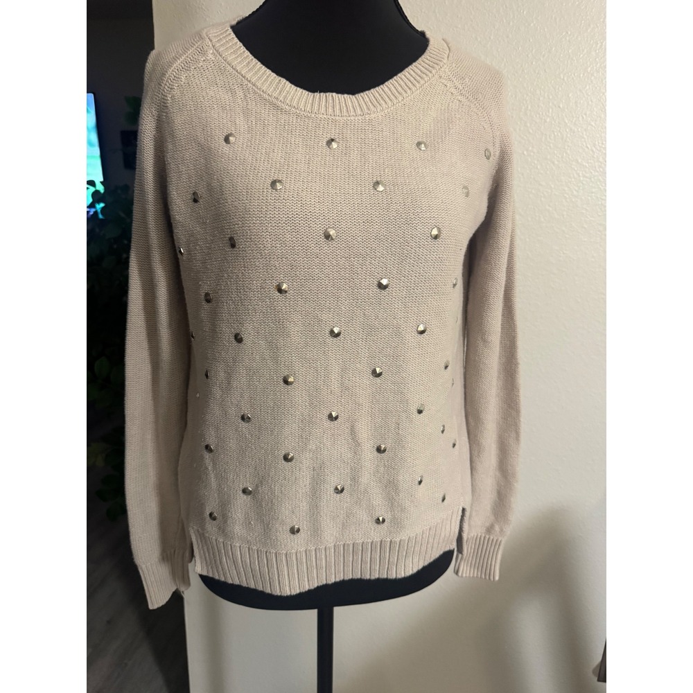 Rock & Republic Y2K Oatmeal Studded Crewneck Sweater XS Raglan Sleeve Split Hem